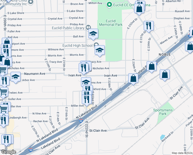map of restaurants, bars, coffee shops, grocery stores, and more near 22430 Ivan Avenue in Euclid