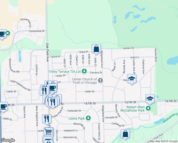 map of restaurants, bars, coffee shops, grocery stores, and more near 6500 Terrace Drive in Tinley Park