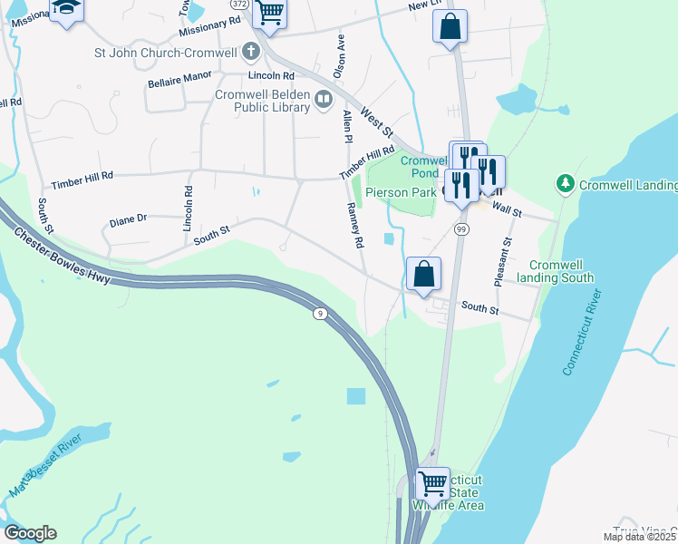 map of restaurants, bars, coffee shops, grocery stores, and more near 53 South Street in Cromwell
