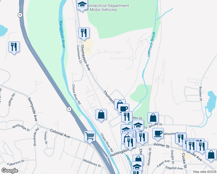 map of restaurants, bars, coffee shops, grocery stores, and more near 27 Driggs Street in Waterbury