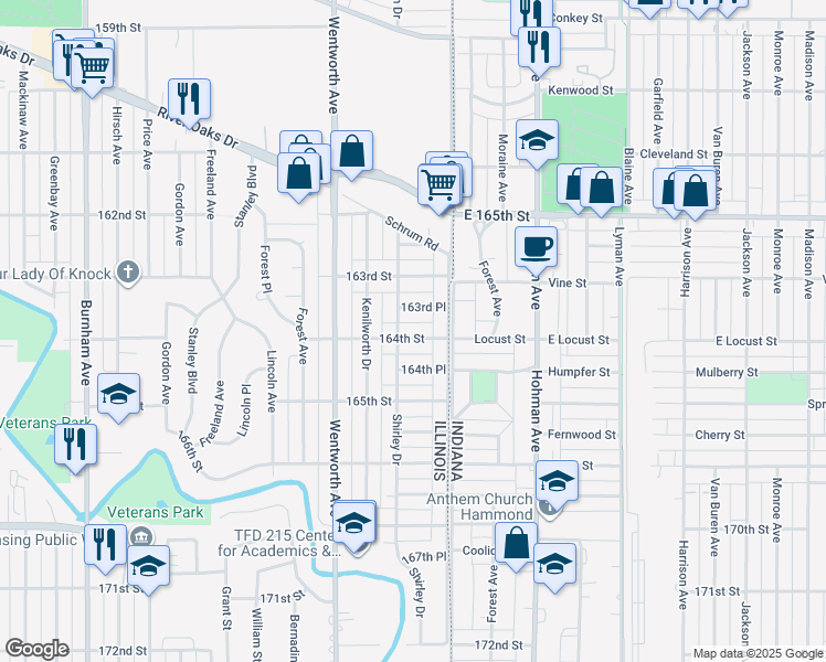 map of restaurants, bars, coffee shops, grocery stores, and more near 25 164th Street in Calumet City