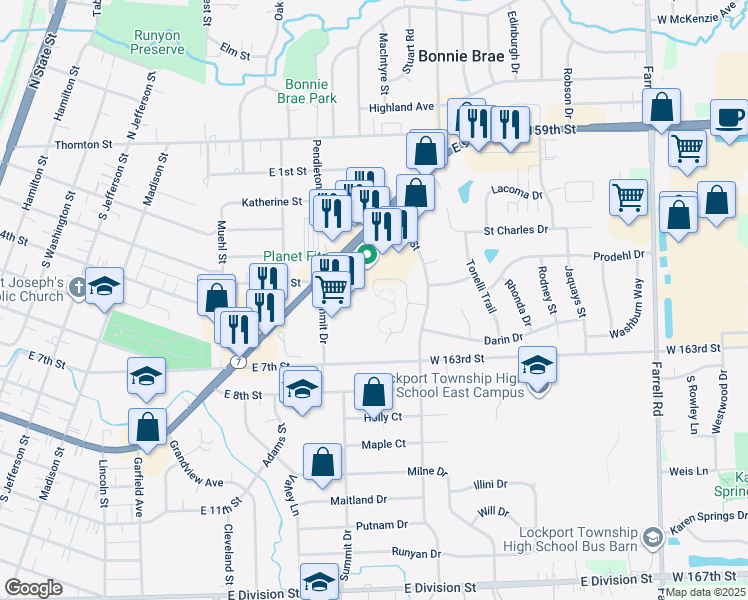 map of restaurants, bars, coffee shops, grocery stores, and more near 1044 Ashley Court North in Lockport