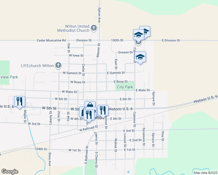 map of restaurants, bars, coffee shops, grocery stores, and more near 715 Seminary Street in Wilton