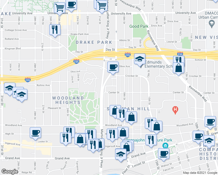 map of restaurants, bars, coffee shops, grocery stores, and more near 1921 Center Street in Des Moines