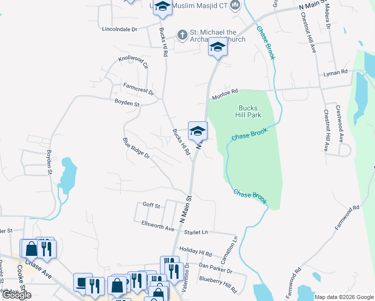 map of restaurants, bars, coffee shops, grocery stores, and more near 31 Bucks Hill Rd in Waterbury