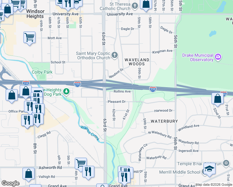 map of restaurants, bars, coffee shops, grocery stores, and more near 6118 Rollins Avenue in Des Moines