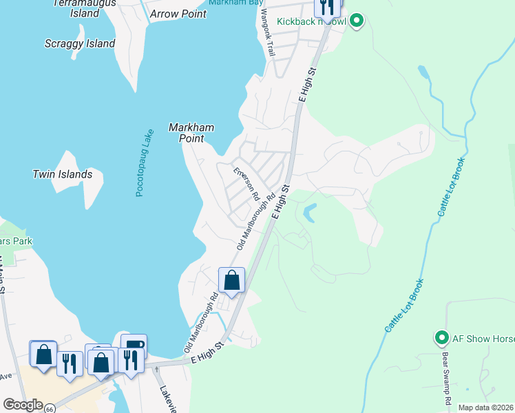 map of restaurants, bars, coffee shops, grocery stores, and more near 66 Old Marlborough Road in East Hampton