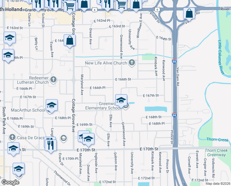 map of restaurants, bars, coffee shops, grocery stores, and more near 16658 Dobson Avenue in South Holland