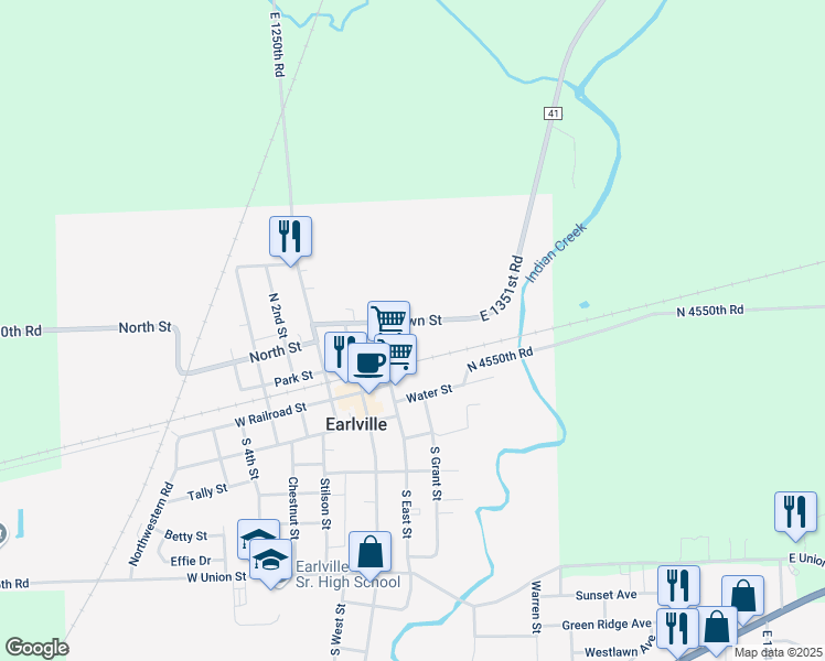 map of restaurants, bars, coffee shops, grocery stores, and more near 303 East Brown Street in Earlville