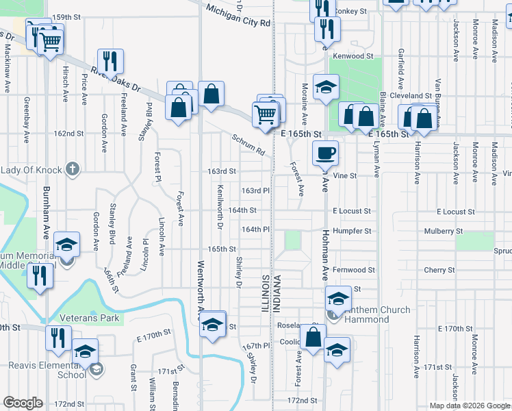map of restaurants, bars, coffee shops, grocery stores, and more near 20 164th Street in Calumet City