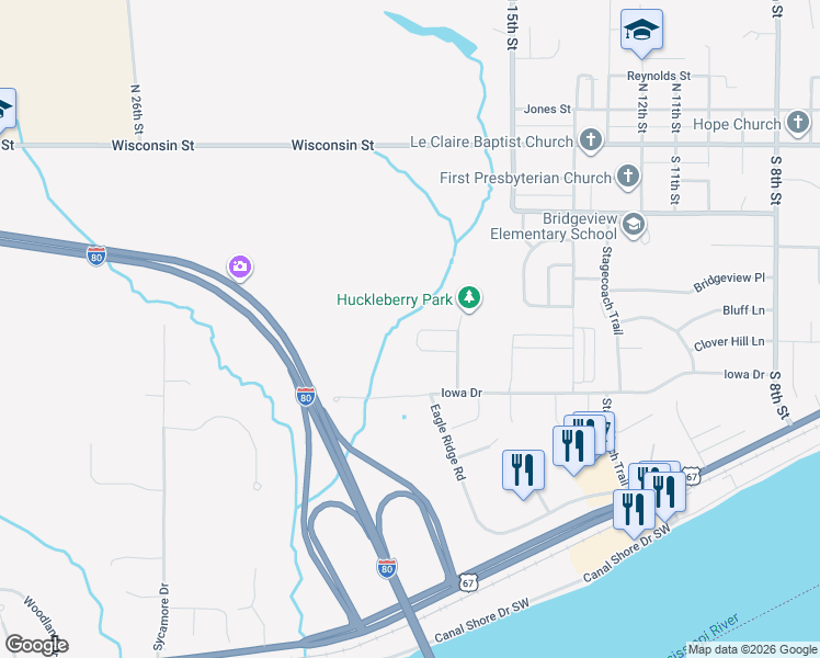 map of restaurants, bars, coffee shops, grocery stores, and more near Oakley Drive in Le Claire