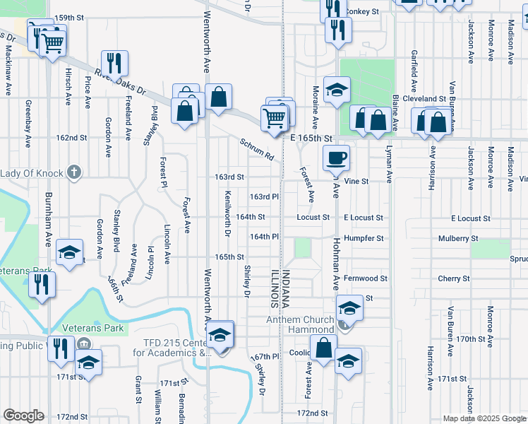 map of restaurants, bars, coffee shops, grocery stores, and more near 20 164th Street in Calumet City