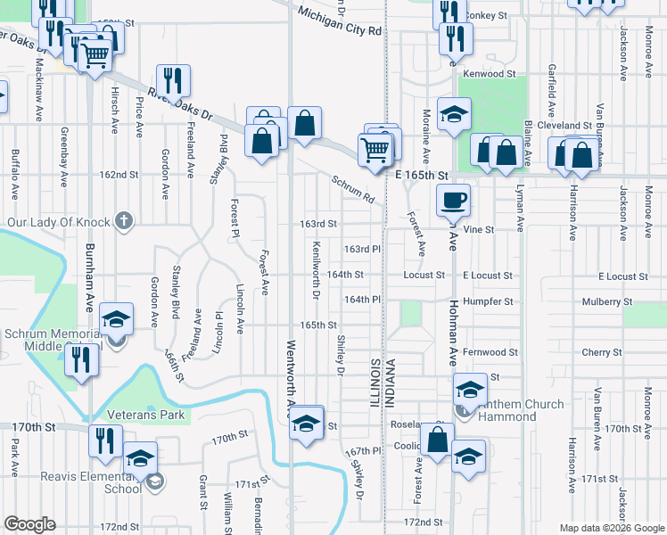 map of restaurants, bars, coffee shops, grocery stores, and more near 110 164th Street in Calumet City