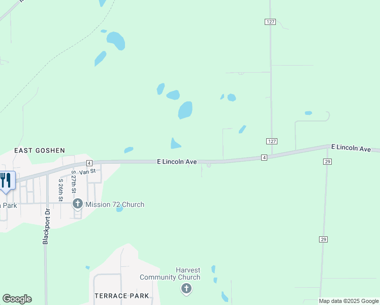 map of restaurants, bars, coffee shops, grocery stores, and more near 17347 Indiana 4 in Goshen