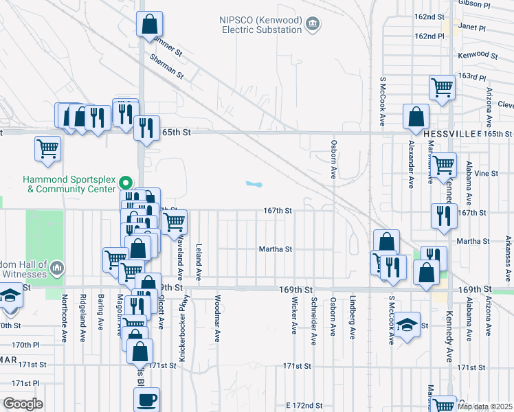 map of restaurants, bars, coffee shops, grocery stores, and more near 2231 Tanglewood Drive in Hammond