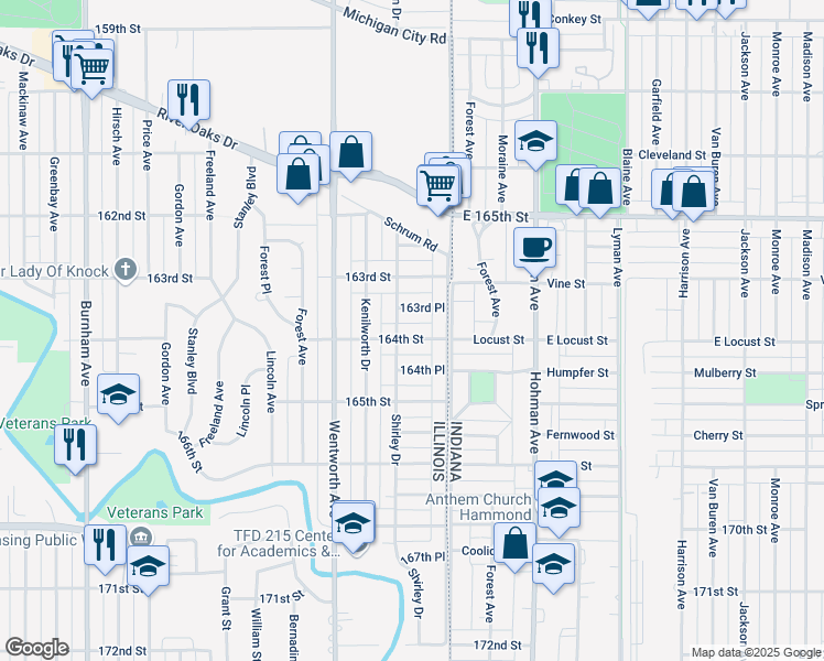 map of restaurants, bars, coffee shops, grocery stores, and more near 25 164th Street in Calumet City