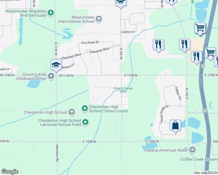 map of restaurants, bars, coffee shops, grocery stores, and more near 556 Windridge Drive in Chesterton
