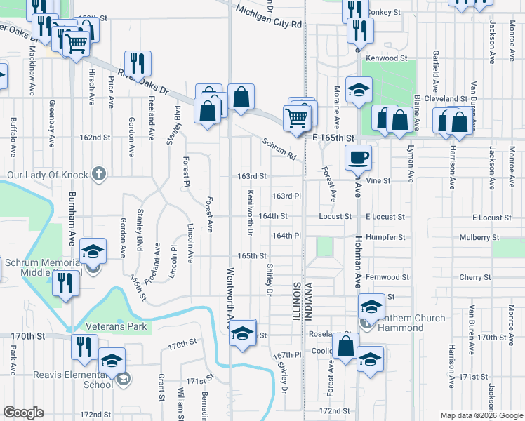 map of restaurants, bars, coffee shops, grocery stores, and more near 110 164th Street in Calumet City