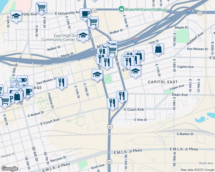 map of restaurants, bars, coffee shops, grocery stores, and more near 1401 Capitol Avenue in Des Moines