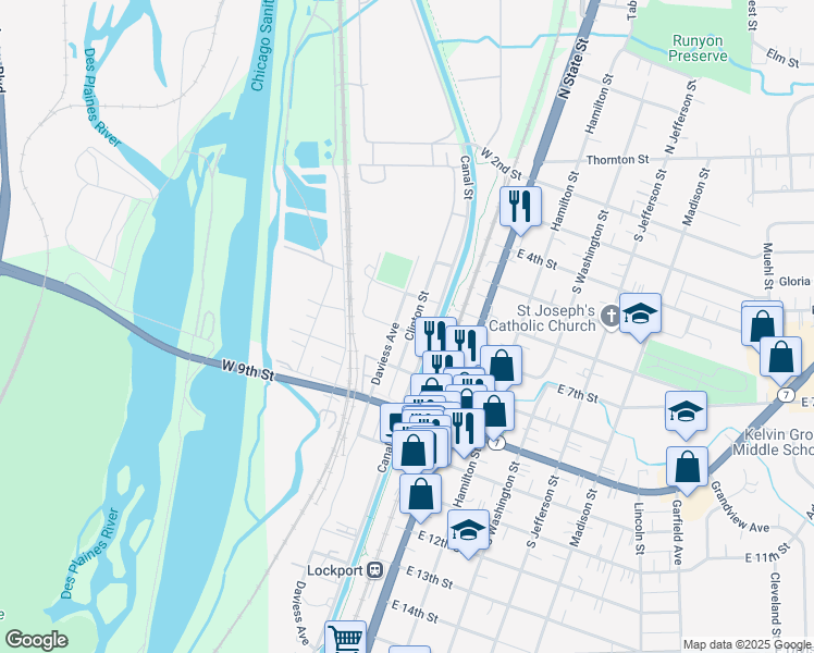 map of restaurants, bars, coffee shops, grocery stores, and more near 701 Clinton Street in Lockport
