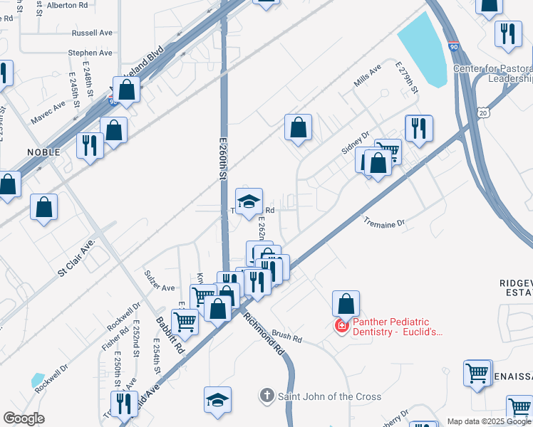 map of restaurants, bars, coffee shops, grocery stores, and more near 1455 East 260th Street in Euclid