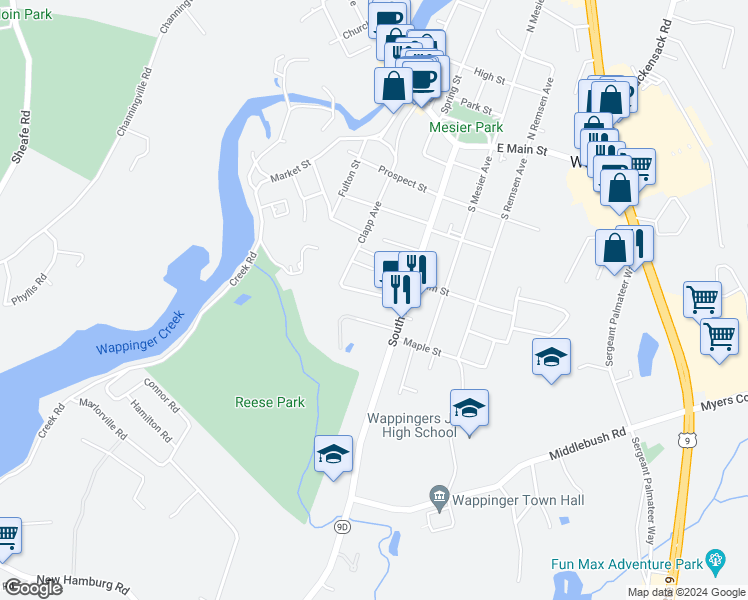 map of restaurants, bars, coffee shops, grocery stores, and more near 10 Carmine Drive in Wappingers Falls
