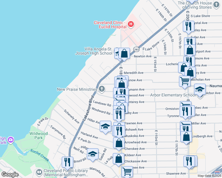 map of restaurants, bars, coffee shops, grocery stores, and more near 18210 Canterbury Road in Cleveland