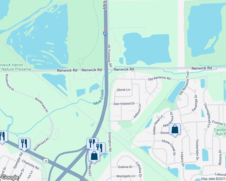 map of restaurants, bars, coffee shops, grocery stores, and more near 3815 Gloria Lane in Joliet