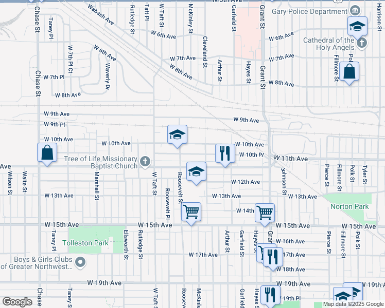 map of restaurants, bars, coffee shops, grocery stores, and more near 2141 W 10th Pl in Gary