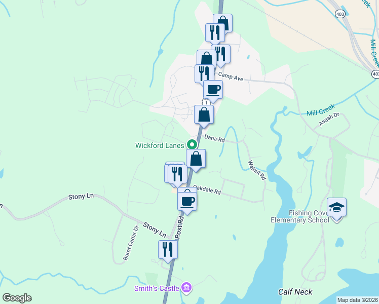 map of restaurants, bars, coffee shops, grocery stores, and more near 7565 Post Road in North Kingstown