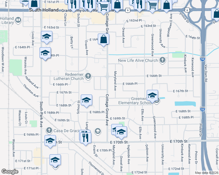 map of restaurants, bars, coffee shops, grocery stores, and more near 16645 Cottage Grove Avenue in South Holland