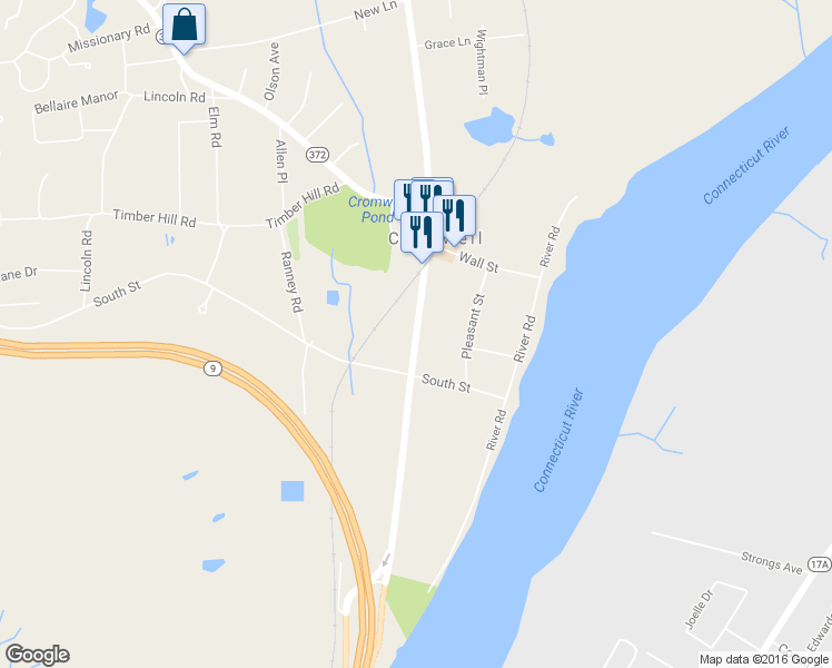 map of restaurants, bars, coffee shops, grocery stores, and more near 286 Main Street in Cromwell