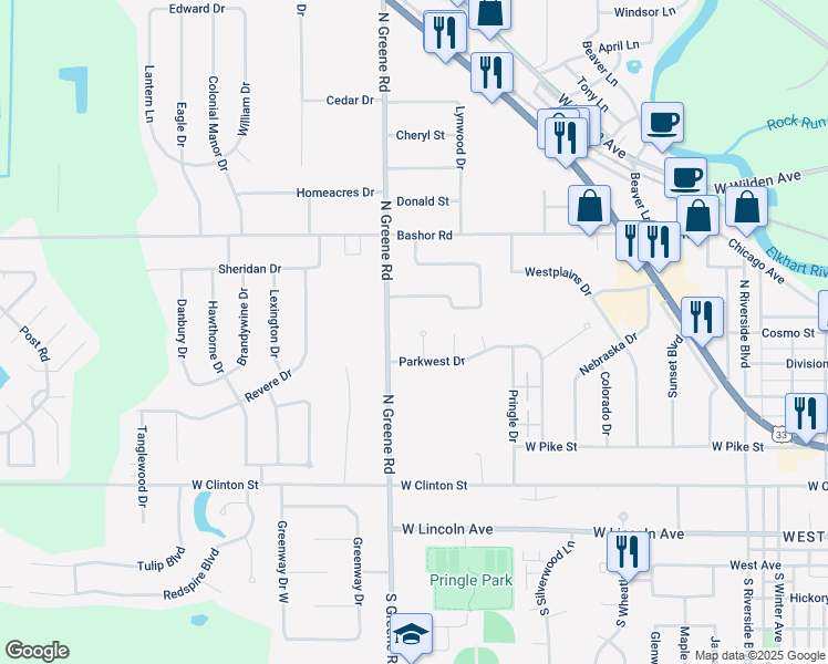 map of restaurants, bars, coffee shops, grocery stores, and more near 506-598 Parkwood Court in Goshen