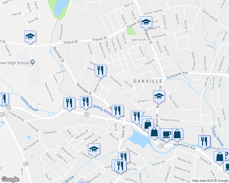map of restaurants, bars, coffee shops, grocery stores, and more near 19 Zoar Avenue in Watertown