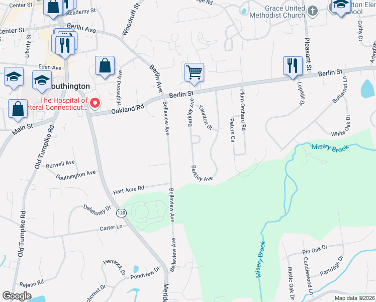 map of restaurants, bars, coffee shops, grocery stores, and more near 43 Berkley Avenue in Southington