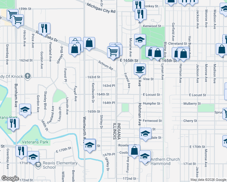 map of restaurants, bars, coffee shops, grocery stores, and more near 10 East Locust Street in Hammond