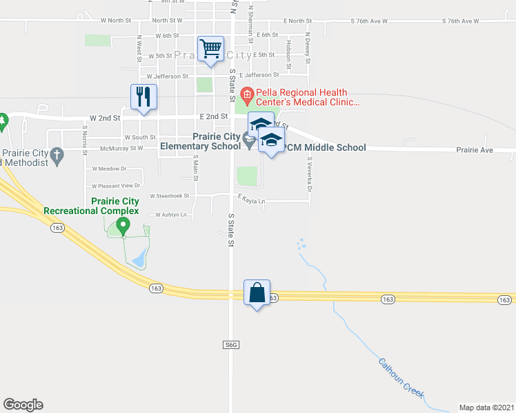map of restaurants, bars, coffee shops, grocery stores, and more near 307 East Kayla Lane in Prairie City