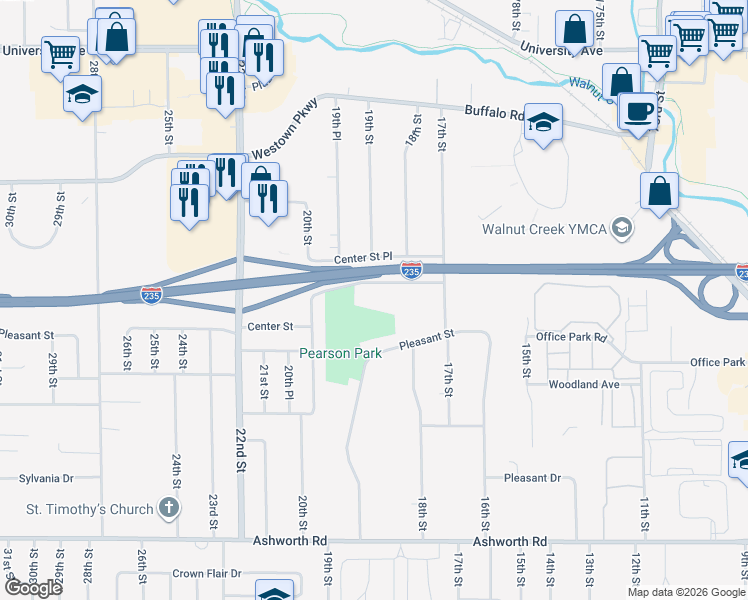 map of restaurants, bars, coffee shops, grocery stores, and more near 1906 Center Street in West Des Moines