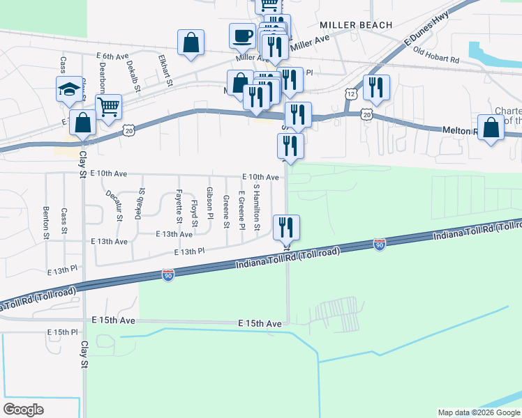 map of restaurants, bars, coffee shops, grocery stores, and more near 1148 South Hamilton Street in Gary