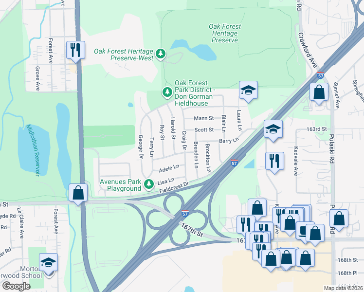 map of restaurants, bars, coffee shops, grocery stores, and more near 16476 Craig Drive in Oak Forest