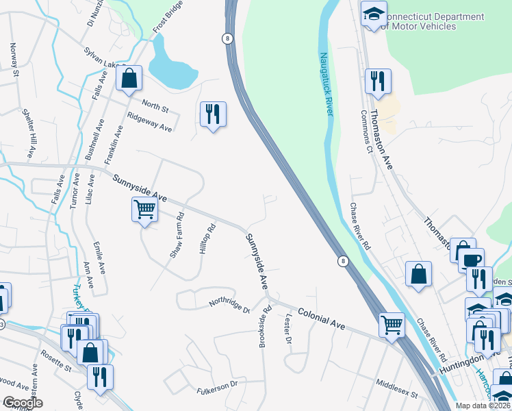 map of restaurants, bars, coffee shops, grocery stores, and more near 71 Old Colonial Road in Waterbury