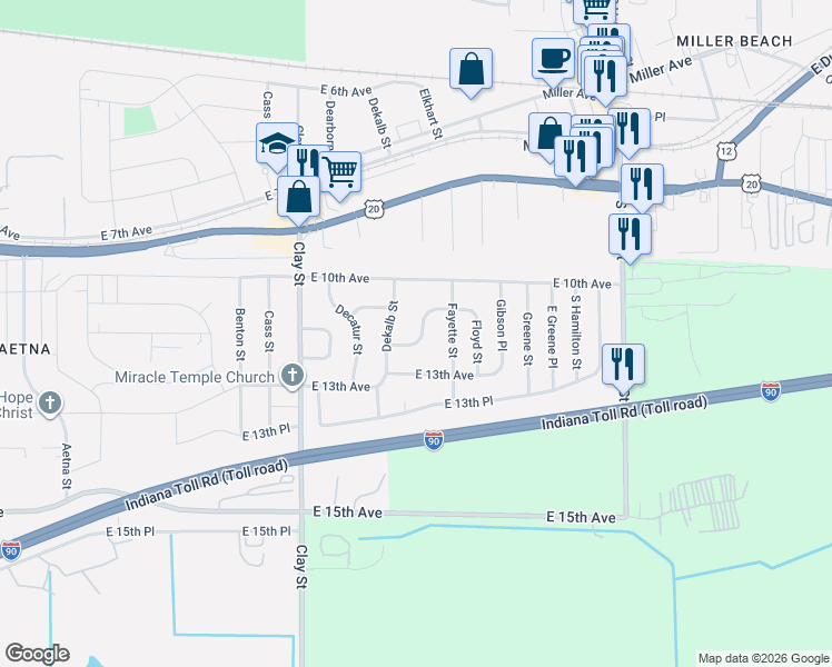 map of restaurants, bars, coffee shops, grocery stores, and more near 5237 East 11th Place in Gary