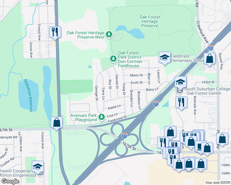 map of restaurants, bars, coffee shops, grocery stores, and more near 4404 Richard Avenue in Oak Forest
