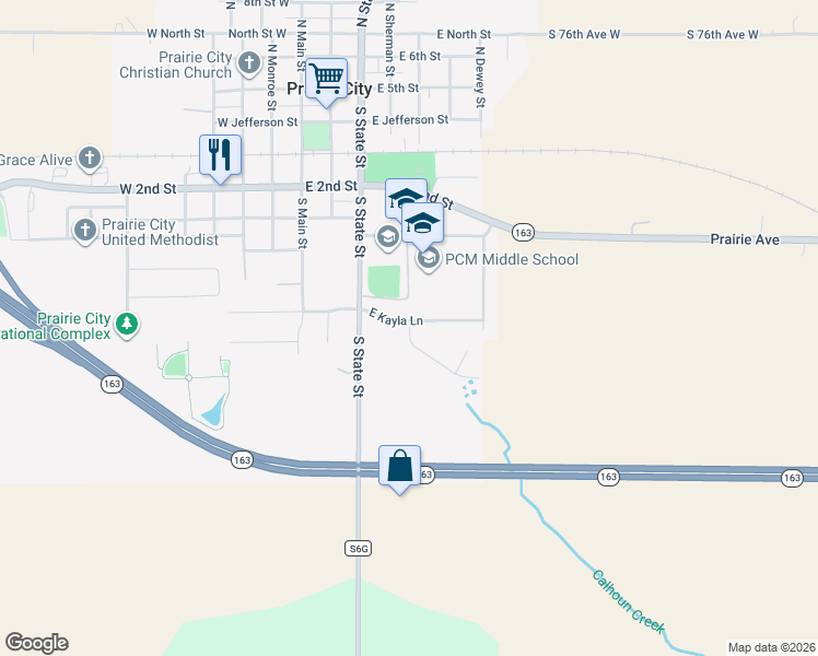 map of restaurants, bars, coffee shops, grocery stores, and more near 307 East Kayla Lane in Prairie City
