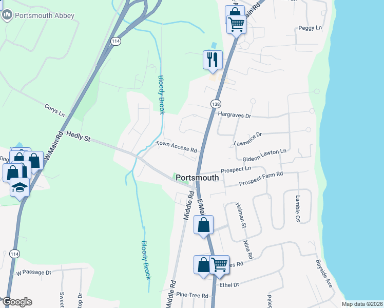 map of restaurants, bars, coffee shops, grocery stores, and more near 2270 East Main Road in Portsmouth