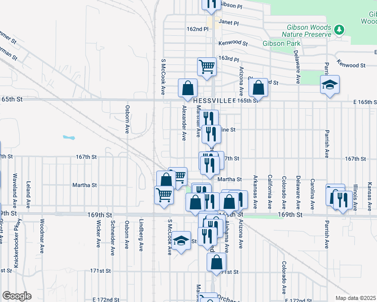 map of restaurants, bars, coffee shops, grocery stores, and more near 6647 Alexander Avenue in Hammond