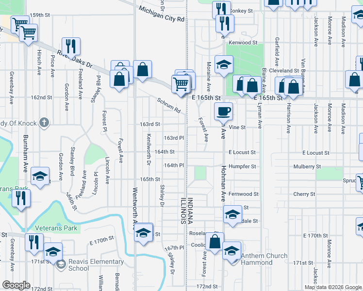map of restaurants, bars, coffee shops, grocery stores, and more near 10 East Locust Street in Hammond