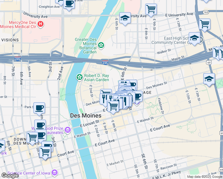 map of restaurants, bars, coffee shops, grocery stores, and more near 500 Des Moines Street in Des Moines