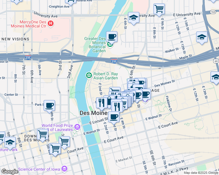 map of restaurants, bars, coffee shops, grocery stores, and more near 613 East 2nd Street in Des Moines