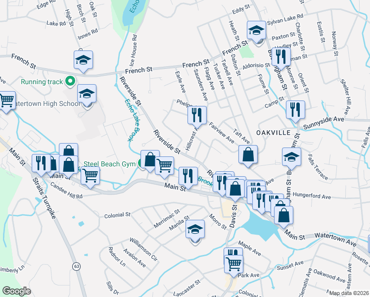 map of restaurants, bars, coffee shops, grocery stores, and more near 11 Hillcrest Avenue in Watertown
